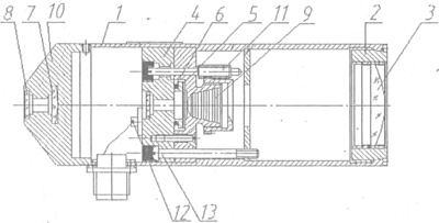 Рис. 1. Телескоп ТЕРА-50: 1 - корпус, 2 - оправа, 3 - линза, 4 - корпус термобатареи; 5 - термобатарея, 6 - компенсационное сопротивление, 7 - линза окуляра, 8 - защитное стекло; 9 - диафрагма, 10 - крышка, 11 - трибка, 12 - контактный винт, 13 - винт.