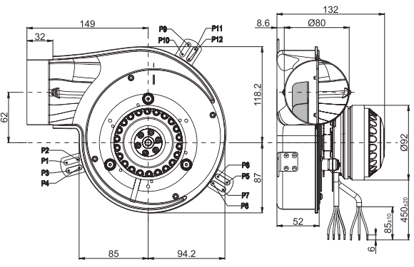 "Размеры дымососа G2E 150-DN91-01"