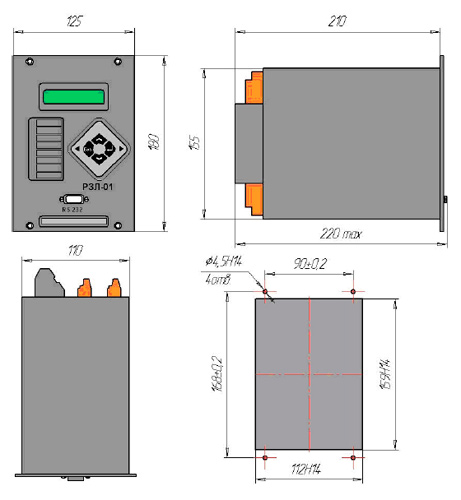Рис.1. Габаритные и установочные размеры устройства РЗЛ-01.02К1