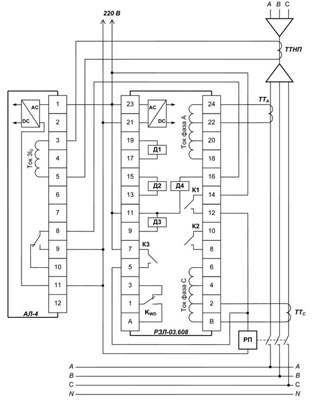 Рис.1. Схема подключения устройства РЗЛ-03.608