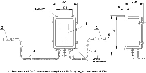 Рис.1. Схема габаритных размеров системы плазменного воспламенения СПВИ-2