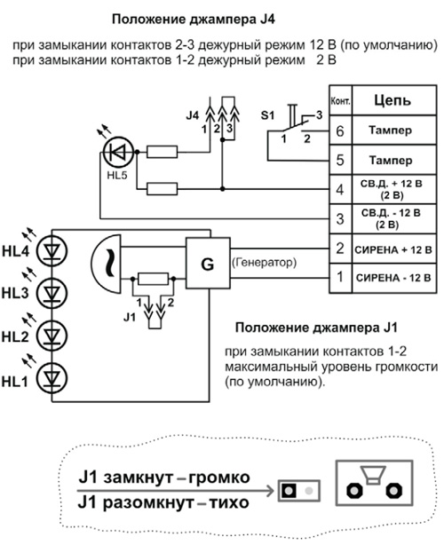 Рис.2.Схема соединений оповещателя «ГНОМ-1»