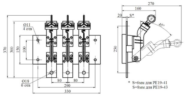 Рис.3. Габаритный чертеж разъединителя РЕ19-43 трехполюсный